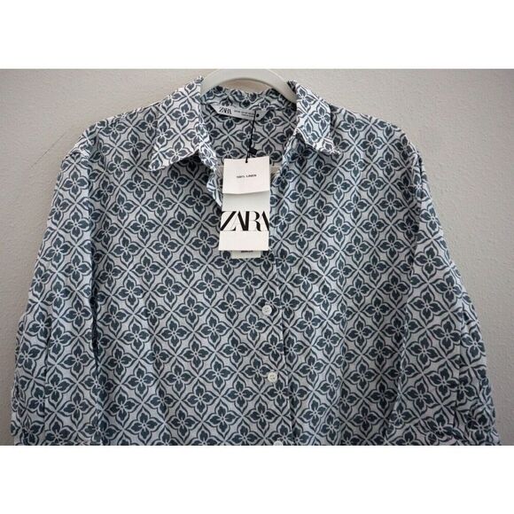 Zara Women Sz XS White/Gray Floral Allover Print Button-Up Long Linen Shirt - Picture 5 of 9